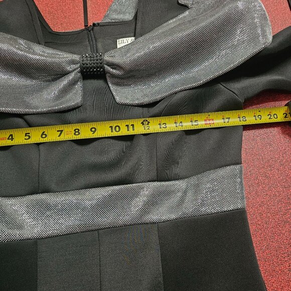Lily‎ & Taylor Black Scuba Knit Dress Sz 6 Silver Flared Asymmetric Gatsby Party - Picture 15 of 16